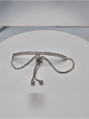 Stainless Steel CZ Bar Bolo Bracelet Polished Adjustable 8" Friendship Style